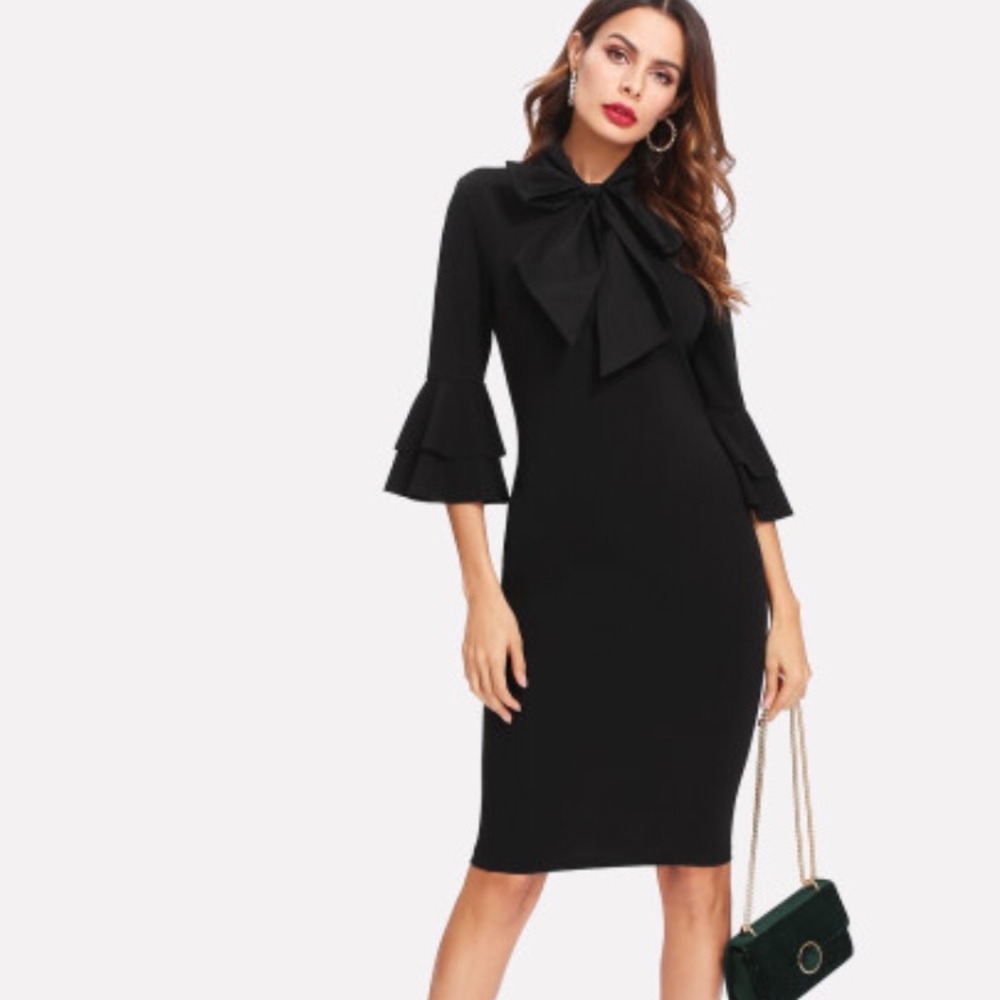 Flounce Sleeve Slit Back Tied Neck Fitted Dress